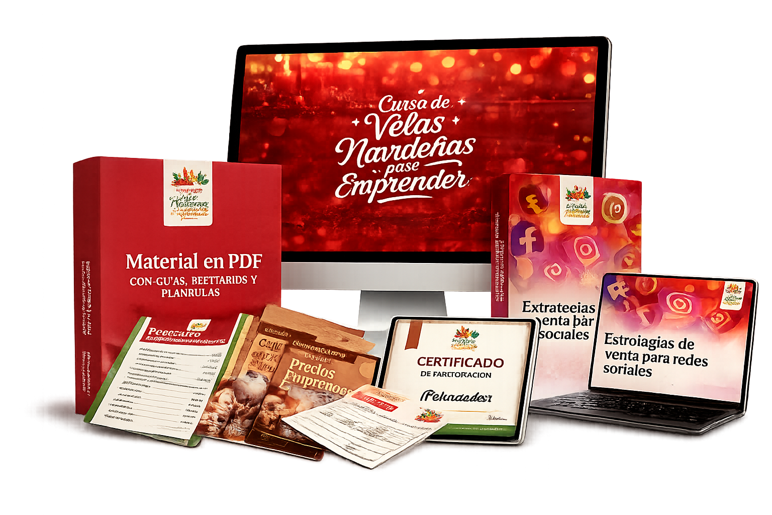 Todo lo que incluye el curso Velas Navideñas para Emprender: videos, material en PDF, guías, plantillas y certificado