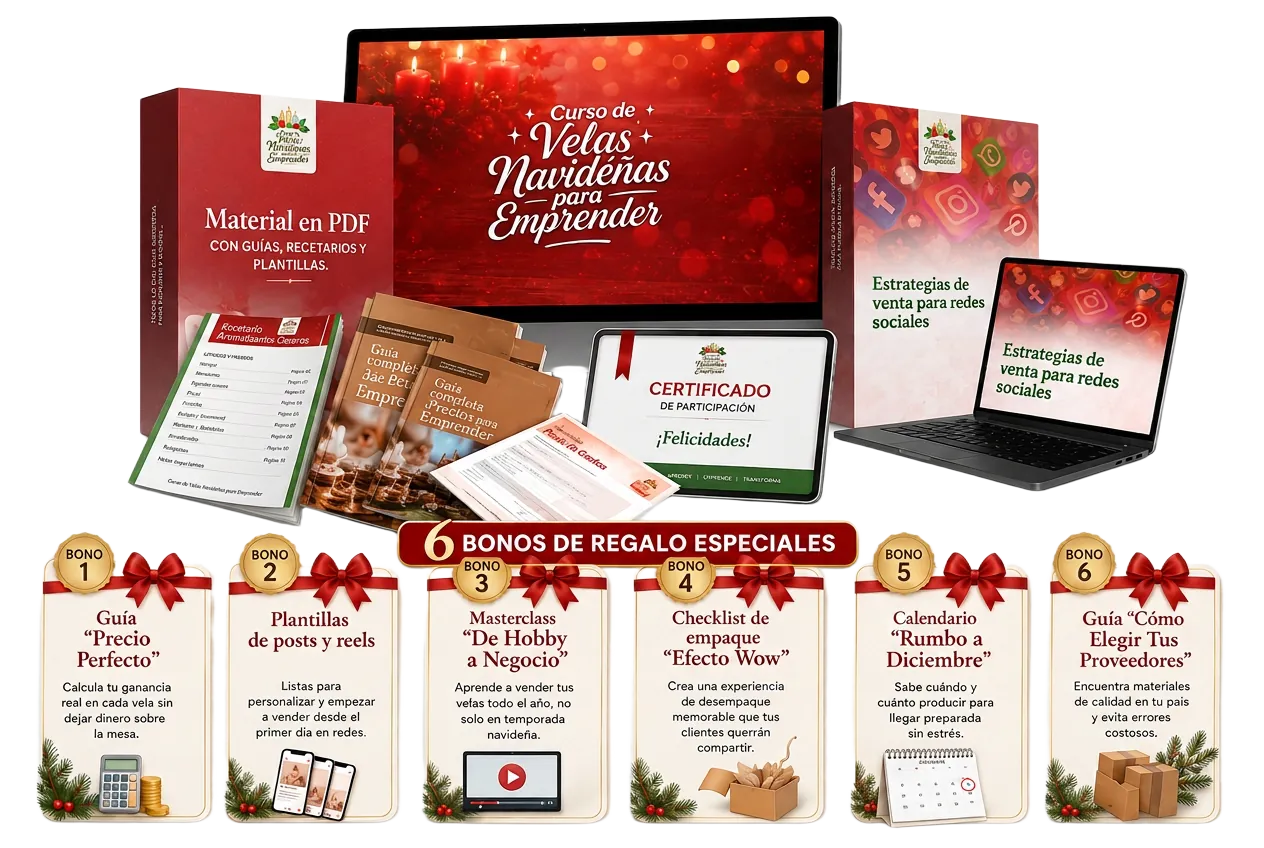 Mockup del curso Velas Navideñas para Emprender con los 6 bonos de regalo incluidos